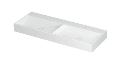 Wastafel United Porselein dubbel met 2 kraangaten incl. porseleinen click plug en verborgen overloop systeem 120 cm x 45 cm x 11 cm Glans wit 0206131