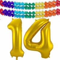 Folie ballonnen - Leeftijd cijfer 14 - goud - 86 cm - en 2x feestslingers - verjaardag versiering