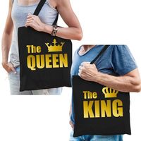 The queen en the king kadotassen / shoppers zwart katoen met gouden tekst en kroon koppels / bruidspaar / echtpaar voor - thumbnail