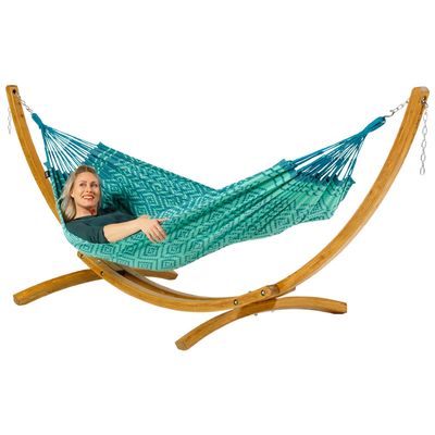 Eenpersoons hangmat met houten standaard - 300x140cm - Groen - 120kg draagkracht- 100% katoen - binnen & buiten