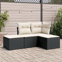 4-delige Loungeset met kussens poly rattan zwart