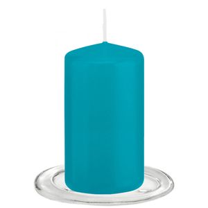 Trend Candles - Stompkaarsen met glazen onderzetters set van 2x stuks - Turquoise blauw 6 x 12 cm