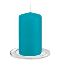 Trend Candles - Stompkaarsen met glazen onderzetters set van 2x stuks - Turquoise blauw 6 x 12 cm