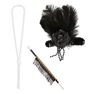 Carnaval verkleed accessoire set - sigarettenhouder/parelketting/hoofdband - charleston/jaren 20