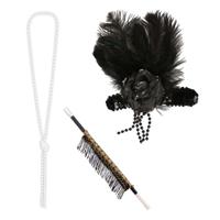 Carnaval verkleed accessoire set - sigarettenhouder/parelketting/hoofdband - charleston/jaren 20 - thumbnail