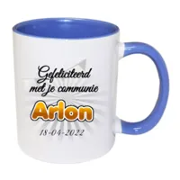 Eerste Communie mok met naam en datum (blauw)