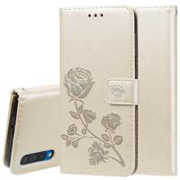 Rose reliëf horizontale Flip PU lederen case voor Galaxy A50 met houder & kaartsleuven & portemonnee (goud)