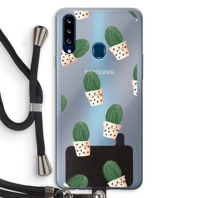 Cactusprint roze: Samsung Galaxy A20s Transparant Hoesje met koord