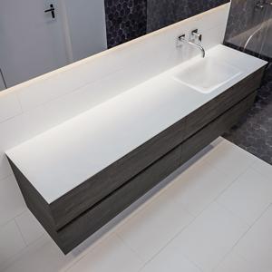 Mondiaz Vica Cloud badmeubel eiken donker bruin 200 cm 4 lades solid surface enkele spoelbak rechts zonder kraangat