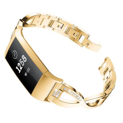 X-vormige diamant-bezaaid metalen stalen polsband horloge band voor Fitbit charge 3 (goud)