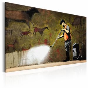 Schilderij - Banksy - Grot tekening , bruin , wanddecoratie , premium print op canvas