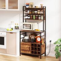 Keukenplank met Stopcontacten Koffiebarkast met Haken Wijnrek Stevig Metalen Frame Magnetronstandaard Zwart/Rustiek Bruin