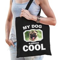 Mopshond honden tasje zwart volwassenen en kinderen - my dog serious is cool kado boodschappentasje - thumbnail