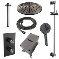 Regendoucheset Inbouw Brauer Gunmetal Carving Thermostatisch 30cm met 3-Weg Omstelling, Plafondarm, Glijstang en Handdouche 3-Standen Geborsteld Gunmetal - thumbnail