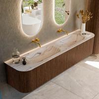 Badmeubel Mondiaz Kurve-Dlux | 200 cm | Meubelkleur Walnut | Wastafelkleur Nata | Solid surface | Wasbak beide zijden spoelbak | Zonder kraangat(en)