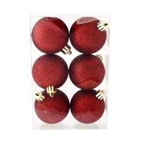 Cosy & Trendy Kerstballen - 6x st - donkerrood - glitters - 6 cm - kunststof