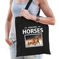 Katoenen tasje Bruine paarden zwart - amazing horses Bruin paard cadeau tas