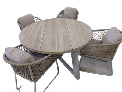 Tuinset Dylan tafel Linen, teak dia. 140 cm met 4 stoelen Bara stoel salix, rope salix, flax beige AW - Yoi