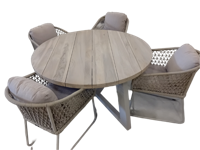 Tuinset Dylan tafel Linen, teak dia. 140 cm met 4 stoelen Bara stoel salix, rope salix, flax beige AW - Yoi