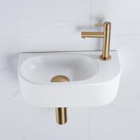 QeramiQ Fuente Fonteinset - 40x21.5x12cm - rechts - glad - halfrond - 1 kraangat - keramiek - fonteinkraan geborsteld messing - afvoerplug - verlaagd sifon - wit mat SW1209551/SW696208/SW696218/SW696238