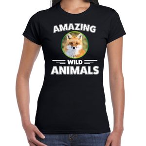 T-shirt vossen amazing wild animals / dieren zwart voor dames