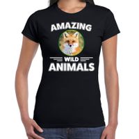 T-shirt vossen amazing wild animals / dieren zwart voor dames - thumbnail