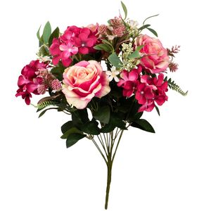 Kunstbloemen boeket rozen met bladgroen - roze - H52 cm - Bloemstuk