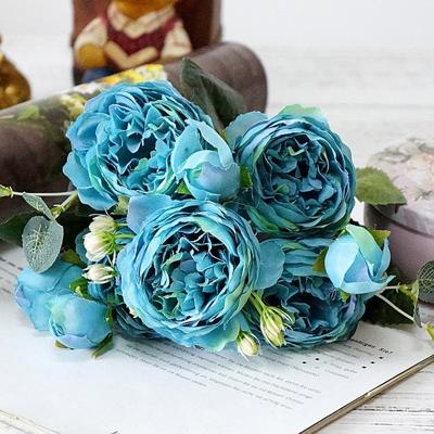 5 stuks kunstmatige rose bloemen kleine boeket Flores Home partij bruiloft nep bloem decoratie (blauw)