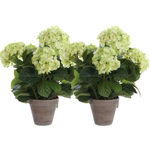Mica Decorations Kunstplant Hortensia - 2x - lichtgroen - 45 cm - in pot