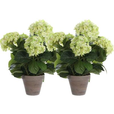 Mica Decorations Kunstplant Hortensia - 2x - lichtgroen - 45 cm - in pot