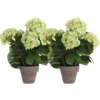 Mica Decorations Kunstplant Hortensia - 2x - lichtgroen - 45 cm - in pot