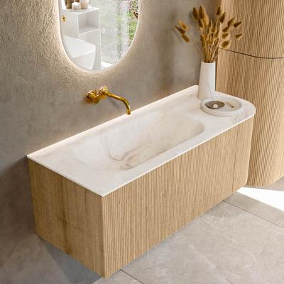 Mondiaz KURVE-DLUX 115 cm Onderkast Greeploos 1 Lade Met Deuren Oak, Wastafel Solid Surface Links Frappe 0 Kraangaten Zonder Spiegel (KRVBGS115R1L1D0KL-Oak/Fra)