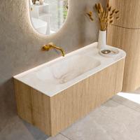 Mondiaz KURVE-DLUX 115 cm Onderkast Greeploos 1 Lade Met Deuren Oak, Wastafel Solid Surface Links Frappe 0 Kraangaten Zonder Spiegel (KRVBGS115R1L1D0KL-Oak/Fra)