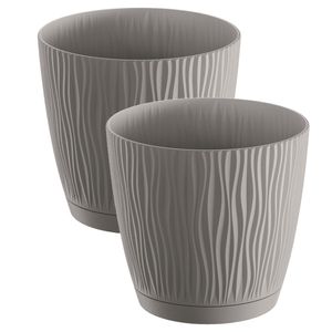 2x stuks stijlvolle kunststof plantenpot/bloempot dia 19 cm/hoogte 17.5 cm Waves steengrijs