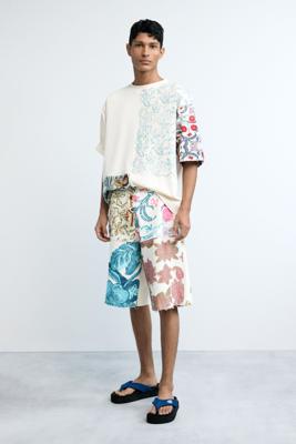 bermuda van gebreide stof met bloemen - WHITE - XL