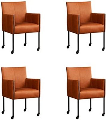 Set van 4 Cognac leren moderne kuipstoel More - poot rond zwart met wiel - Rancho Leer Cognac (cognac leer)