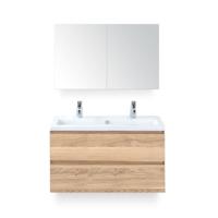 Vogue Badmeubelset 100 cm - Greeplijst in kleur - Grey Oak - Keramische Wastafel Wit 2 kraangaten - met Spiegelkast