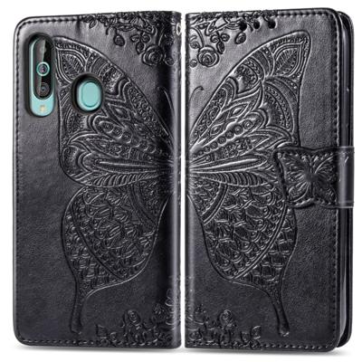 Butterfly Love bloemen reliëf horizontale Flip lederen case voor Galaxy A60 met houder & kaartsleuven & portemonnee & Lanyard (zwart)
