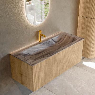 Badmeubel Mondiaz Kurve-Dlux | 110 cm | Meubelkleur Oak | Wastafelkleur Sombra | Solid surface | Wasbak midden spoelbak | 1 kraangat