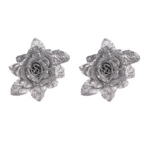 2x stuks decoratie bloemen roos zilver glitter met blad op clip 15 cm - Kunstbloemen