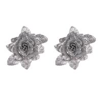 2x stuks decoratie bloemen roos zilver glitter met blad op clip 15 cm - Kunstbloemen - thumbnail