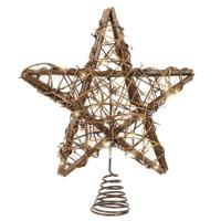 Kerst ster piek rotan - met LED verlichting - warm wit - 30 cm - 30 led lampjes - kerstpiek