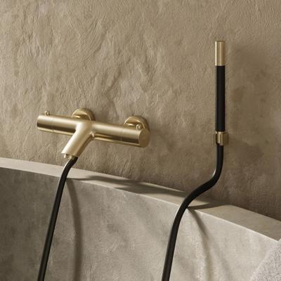 Badkraan SaniClear Brass Pro | Opbouw | Thermostaatkraan | Incl.Handdoucheset | 2-weg | 2-knops | Rond | Geborsteld messing - mat goud