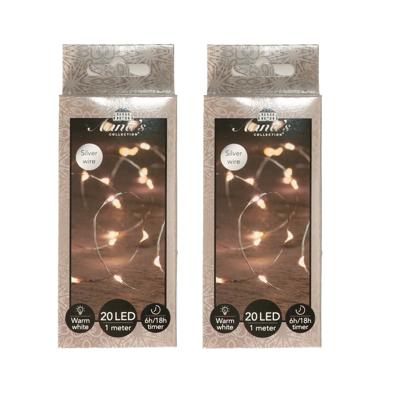 Draadverlichting lichtsnoer - 2x - 20 led lampjes - warm wit - zilver draad - 100 cm - lichtdraad