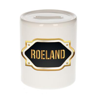 Spaarpot met voornaam Roeland - wit - goud/zwart embleem - 8 x 9 cm - keramiek - afsluitdop