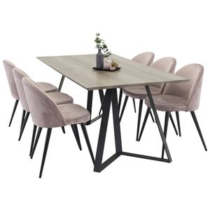 MarinaGRBL eethoek eetkamertafel el hout decor grijs en 6 Velvet eetkamerstal velours roze, zwart.