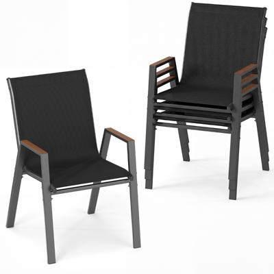 Tuinstoelen Set van 4 Stapelbare Stoelen met Hoge Rugleuning van Ademend Teslin-weefsel met Houten Armleuningen en Stabiel Metalen Onderstel Grijs/Zwart-Zwart