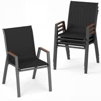 Tuinstoelen Set van 4 Stapelbare Stoelen met Hoge Rugleuning van Ademend Teslin-weefsel met Houten Armleuningen en Stabiel Metalen Onderstel Grijs/Zwart-Zwart