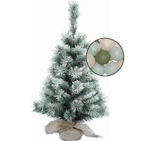 Mini kerstboom besneeuwd met verlichting - in jute zak - H60 cm - kleur mix groen - Kunstkerstboom
