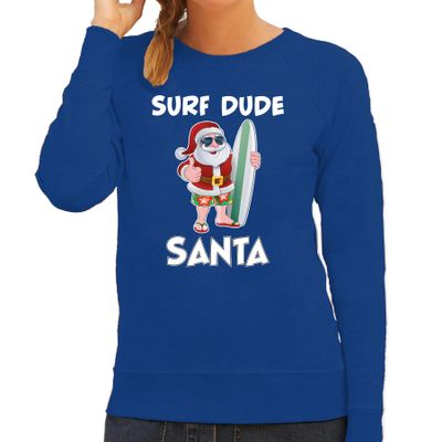 Surf dude Santa fun Kerstsweater / outfit blauw voor dames Surf dude Santa fun Kerstsweater / outfit blauw voor dames